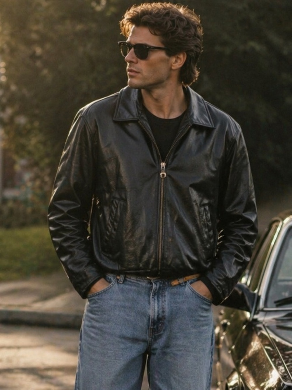90’s Camel Leather Jacket Men’s Large – Black Leather Bomber